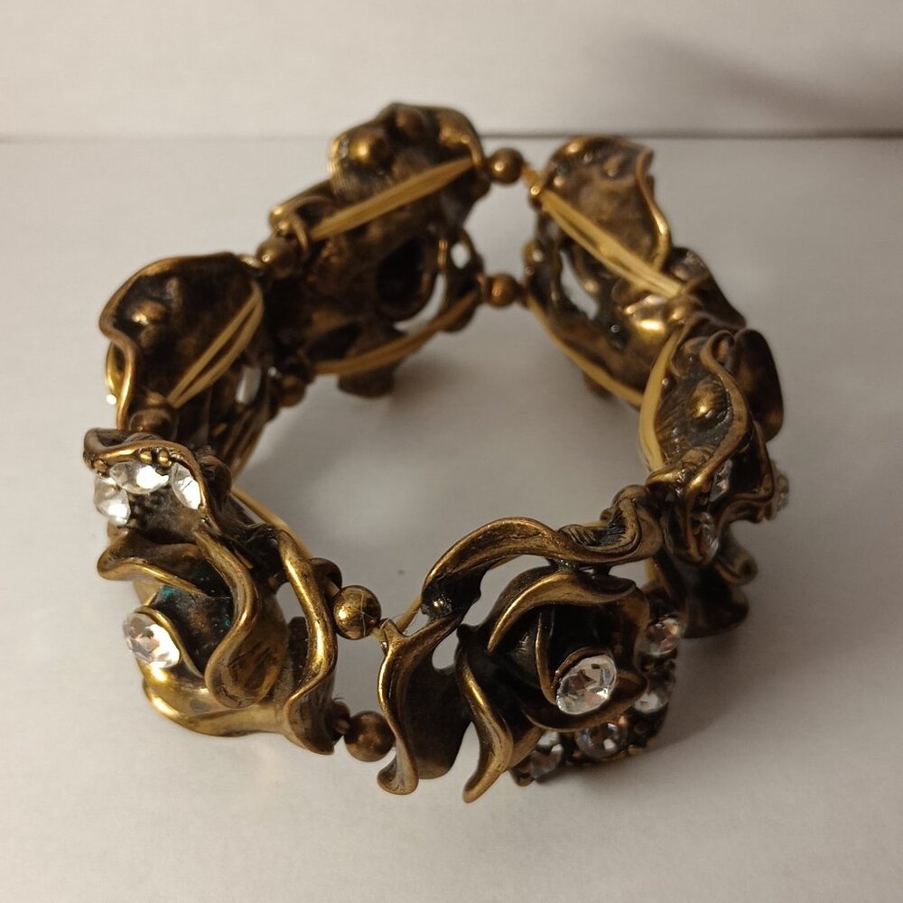 Gold-Tone Rose Shaped Bracelet with Rhinestones
